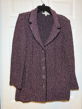 St John Collection Santana Knit Tweed Blazer Jacket Sz 12 Pink Black Preppy